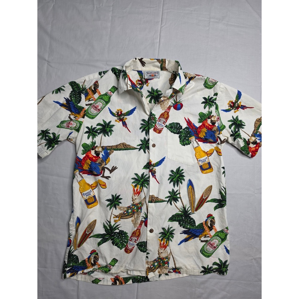 Pacific Legend Shirt Men's Medium White 100% Cotton Allover Print Button-Up
